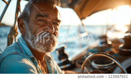 A seasoned sailor enjoys the ocean breeze while steering his boat at sunset. 123087931