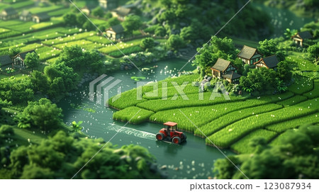 A serene agricultural landscape with lush green fields and tranquil waterway. 123087934