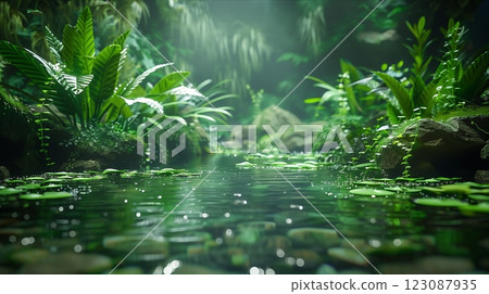 A serene and lush green landscape featuring water and vibrant foliage. 123087935