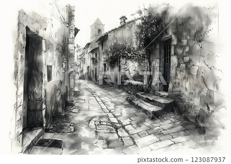 A serene black-and-white street scene, capturing rustic architecture and charming pathways. 123087937