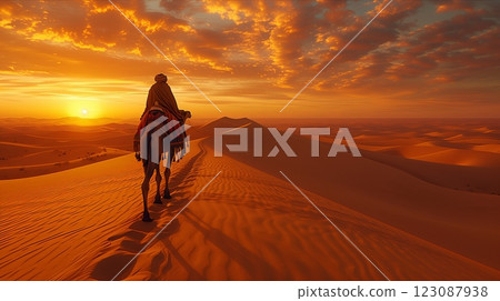 A serene camel trek through stunning desert landscapes at sunset. 123087938