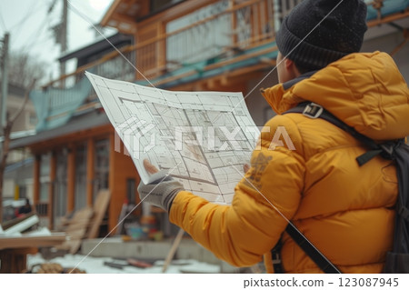 A person examining a blueprint in front of a construction site, showcasing urban planning. 123087945