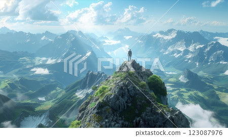 A breathtaking view from a mountain peak over a vast, serene landscape under blue skies. 123087976