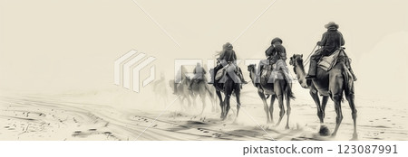 A caravan journeying through a vast desert landscape, highlighting the beauty of nature. 123087991