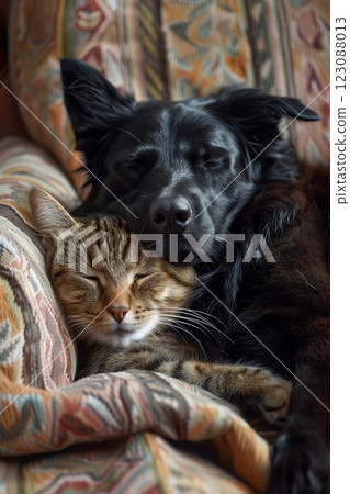A cat and dog cuddling together in a cozy setting, showcasing friendship and warmth. 123088013
