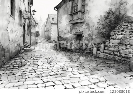 A charming cobblestone street lined with rustic buildings in a tranquil setting. A charming cobblestone street lined with rustic buildings in a tranquil setting. 123088018