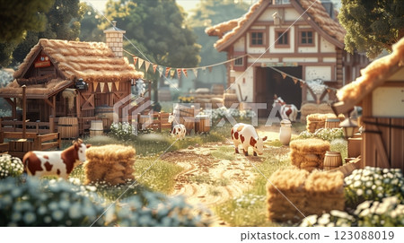 A charming countryside farm scene with cows, hay bales, and a rustic farmhouse. A charming countryside farm scene with cows, hay bales, and a rustic farmhouse. 123088019