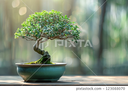 A beautifully crafted bonsai tree displayed in a serene setting. 123088070
