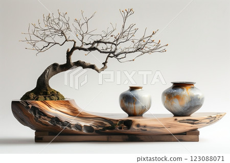 A beautifully crafted bonsai tree displayed with two artistic pottery vases. A beautifully crafted bonsai tree displayed with two artistic pottery vases. 123088071