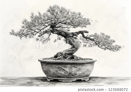 A beautifully detailed black and white illustration of a bonsai tree in a ceramic pot. 123088072