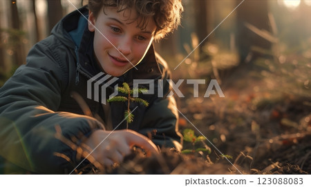A boy planting a young sapling in a sunlit forest, nurturing nature's future. 123088083