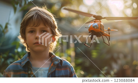 A boy watches curiously as a drone hovers in a sunlit garden, exploring new technology. 123088084