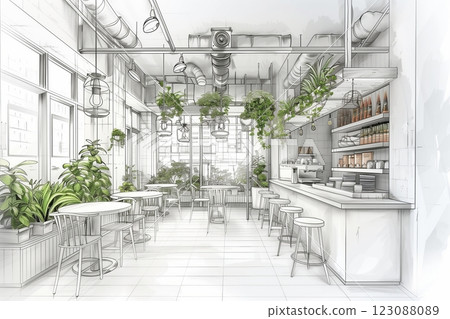 A bright and inviting cafe interior filled with greenery and modern design elements. 123088089