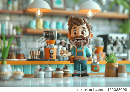 A cheerful barista holds a coffee cup in a vibrant cafe setting. A cheerful barista holds a coffee cup in a vibrant cafe setting. 123088098