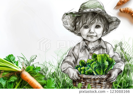 A child in a straw hat happily holds fresh vegetables in a basket. 123088166