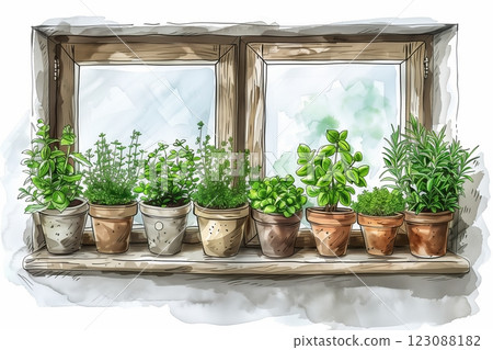A collection of vibrant herbs growing on a sunlit windowsill in charming pots. 123088182