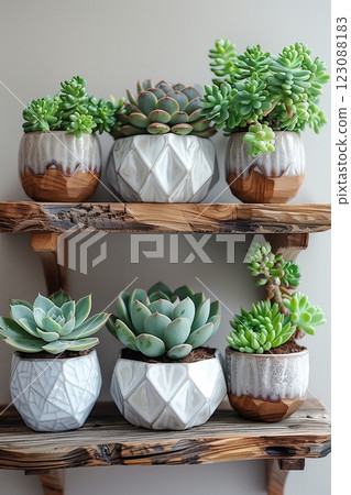 A collection of vibrant succulents in decorative pots on a wooden shelf. 123088183
