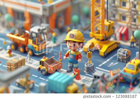 A colorful construction scene with a cartoon worker and various machinery. 123088187