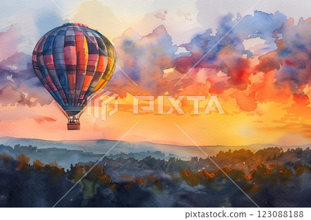 A colorful hot air balloon floating above lush hills during a stunning sunset. 123088188