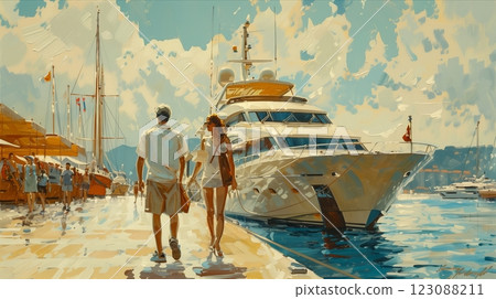A couple strolls along a vibrant marina, admiring a luxurious yacht under a sunny sky. A couple strolls along a vibrant marina, admiring a luxurious yacht under a sunny sky. 123088211