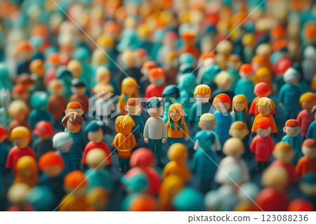 A crowd of diverse figurines representing various individuals and emotions. 123088236