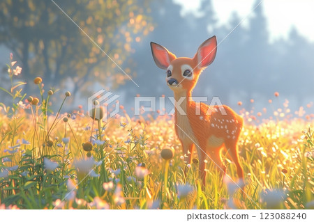 A cute cartoon deer standing in a vibrant flower field under a sunny sky. 123088240