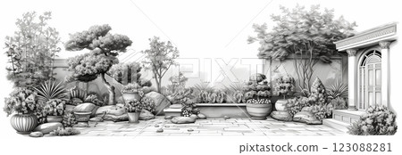 A detailed black and white illustration of a serene garden with various plants. 123088281