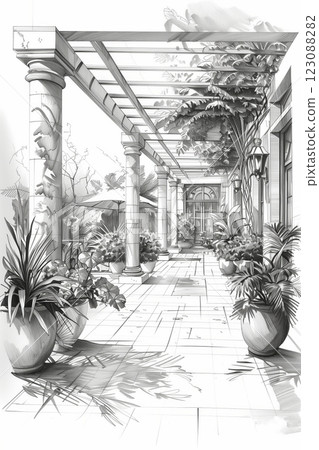 A detailed sketch of a serene garden walkway adorned with lush plants and elegant architecture. A detailed sketch of a serene garden walkway adorned with lush plants and elegant architecture. 123088282