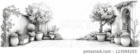 A detailed sketch of a serene garden with pots and greenery, inviting tranquility. 123088283
