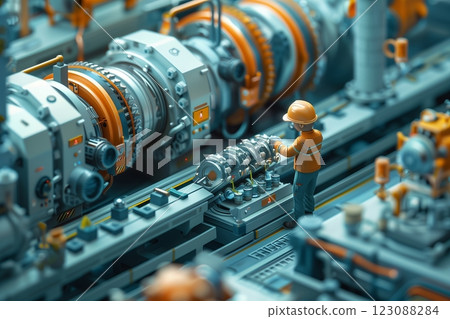 A detailed view of a factory worker operating machinery in a high-tech production line. 123088284