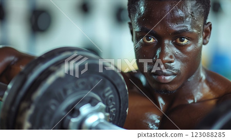 A determined athlete focused on lifting weights in a gym environment. 123088285