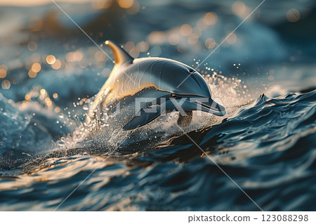 A dolphin gracefully jumps out of the water, creating a splash during sunset. 123088298