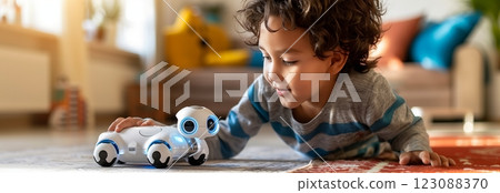 A joyful child interacting with a robotic toy in a cozy and colorful living room. 123088370