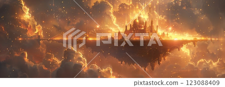 A magnificent floating castle surrounded by vibrant clouds and radiant light. 123088409