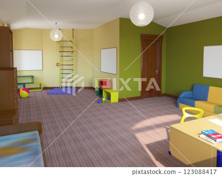 children's room, child's room, interior visualization, 3D illustration 123088417