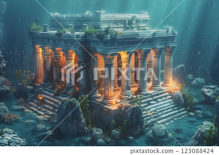 A majestic underwater temple illuminated by ethereal lights and surrounded by marine life. 123088424