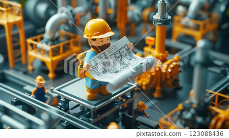 A miniature construction worker examines blueprints in an industrial setting. 123088436