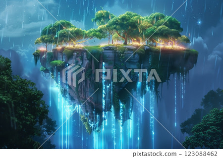 A mystical floating island with vibrant trees under a magical rain shower. 123088462