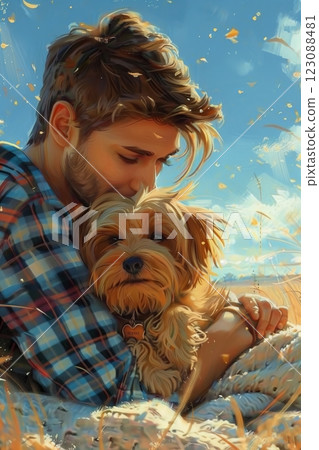 A person enjoys a heartfelt moment with their small dog in a serene outdoor setting. 123088481