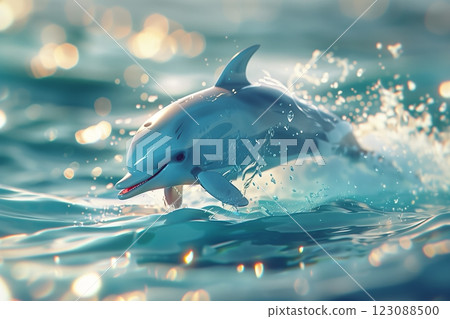 A playful dolphin leaps joyfully from the sparkling ocean waves. A playful dolphin leaps joyfully from the sparkling ocean waves. 123088500