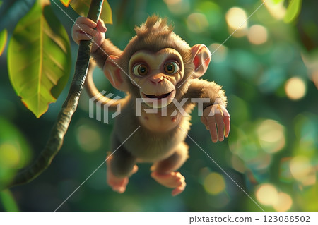 A playful monkey swinging joyfully through a lush green forest. A playful monkey swinging joyfully through a lush green forest. 123088502