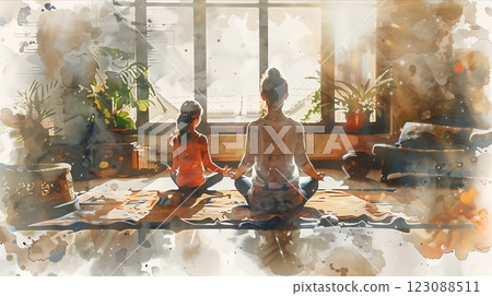 A serene moment of meditation shared between a mother and child. 123088511