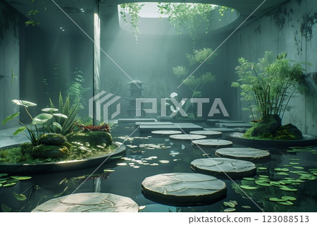 A serene oasis featuring tranquility, water lilies, and lush greenery in soft light. A serene oasis featuring tranquility, water lilies, and lush greenery in soft light. 123088513