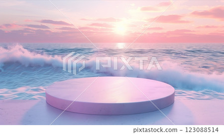 A serene ocean view with gentle waves and a pastel sunset reflecting on the water. 123088514