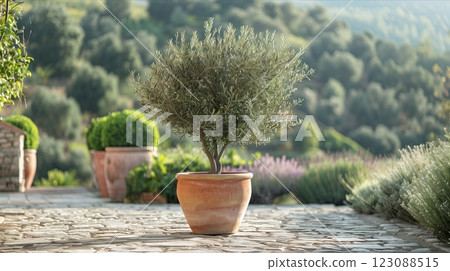 A serene olive tree in a terracotta pot against a picturesque garden backdrop. A serene olive tree in a terracotta pot against a picturesque garden backdrop. 123088515