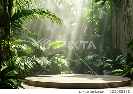 A serene jungle setting with light streaming through lush green foliage. 123088528