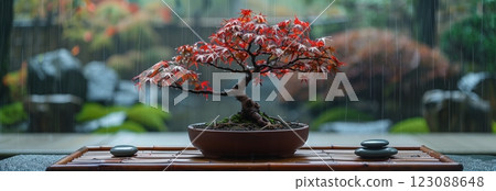 A serene bonsai tree with vibrant red leaves displayed indoors amidst tranquil surroundings. 123088648