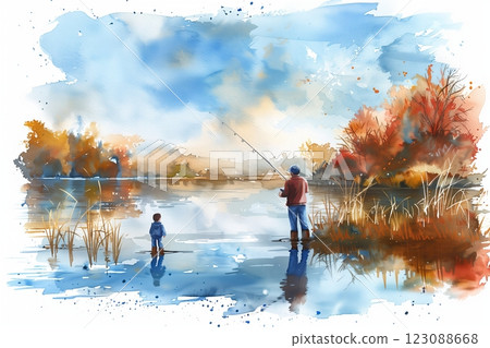A serene watercolor painting of a father and son fishing by a tranquil lake. A serene watercolor painting of a father and son fishing by a tranquil lake. 123088668