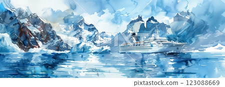 A serene watercolor seascape featuring a cruise ship amidst majestic mountains. A serene watercolor seascape featuring a cruise ship amidst majestic mountains. 123088669