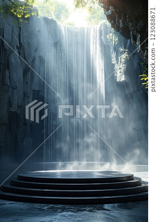 A serene waterfall cascading over rocky steps, surrounded by lush greenery and mist. A serene waterfall cascading over rocky steps, surrounded by lush greenery and mist. 123088671